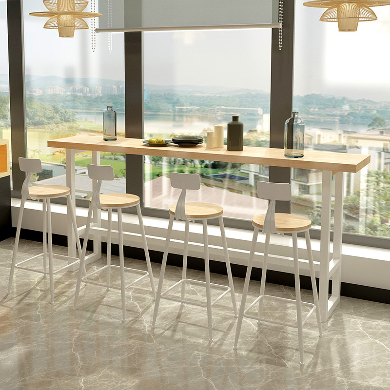 简约风铁艺实木家用吧台桌靠墙长条咖啡厅奶茶店高脚酒吧桌椅组合