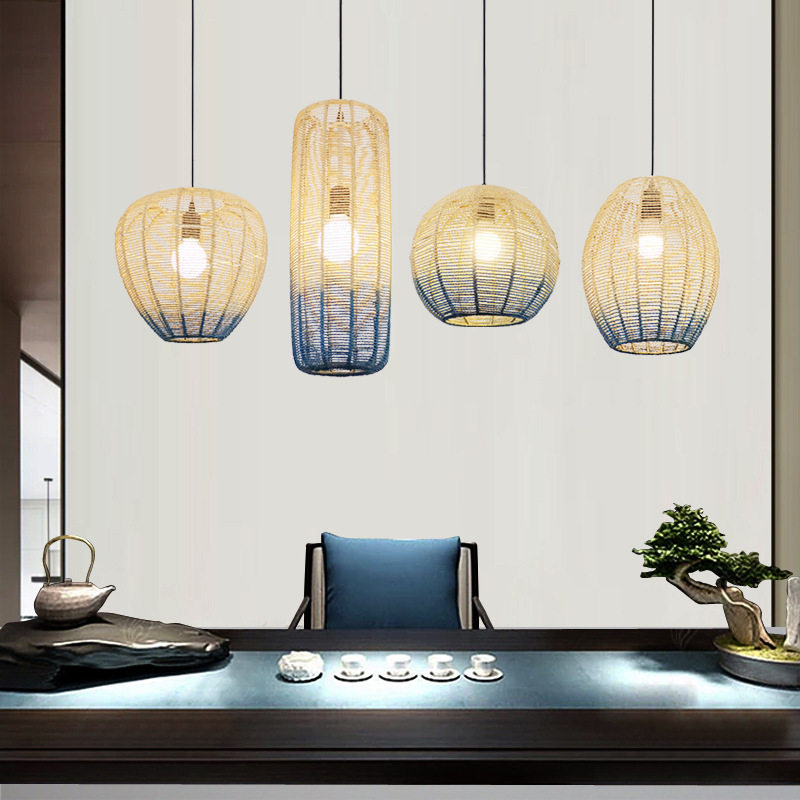 田园个性茶室藤编藤艺中式餐厅吊灯禅意前台灯饰麻绳复古创意灯具