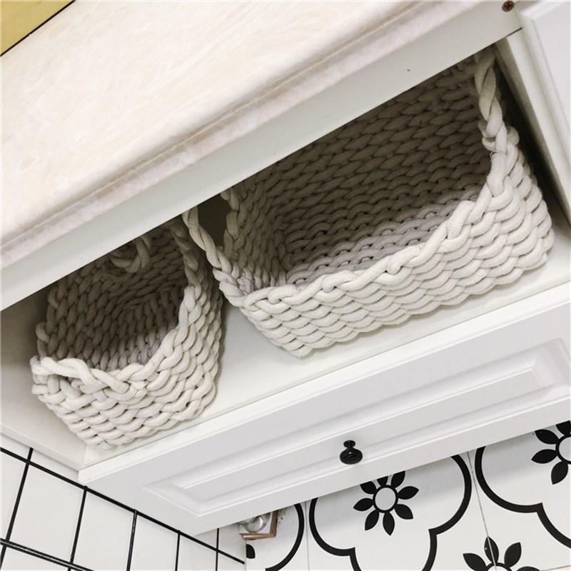 加厚棉线收纳篮带提手杂物小篮子 玄关茶几桌面放零食布艺收纳筐