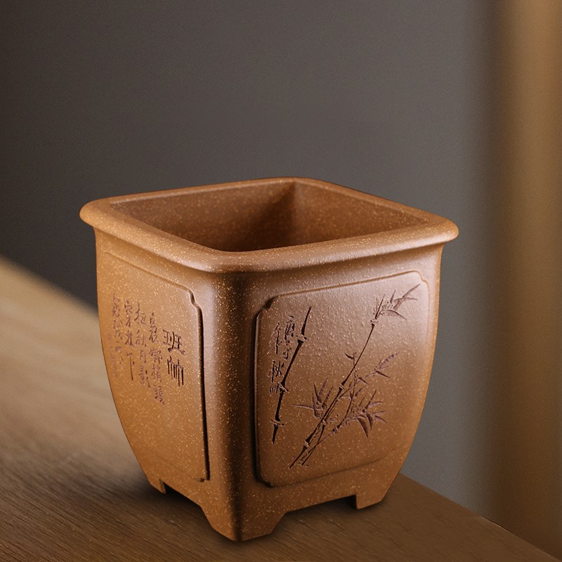 高档精品中号纯正原矿段泥高手刻绘高四方奎面矮种兰花春兰紫砂盆
