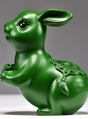 绿色木雕刻兔子摆件三合十二生肖实木兔家居客厅新居装饰工艺礼品