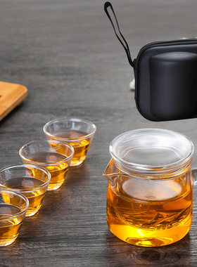 旅行茶具玻璃套装便携式包小套茶杯  简单易携带旅游茶壶快客杯