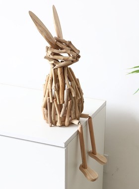 手工创意卡通实木质兔子客厅装饰玄关软装书架桌面装饰品坐姿摆件