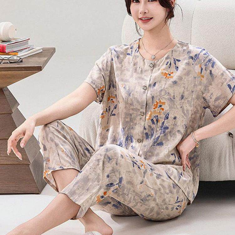 中老年睡衣女短袖开襟外套绸妈妈装可外穿夏季薄款绵绸休闲居家服