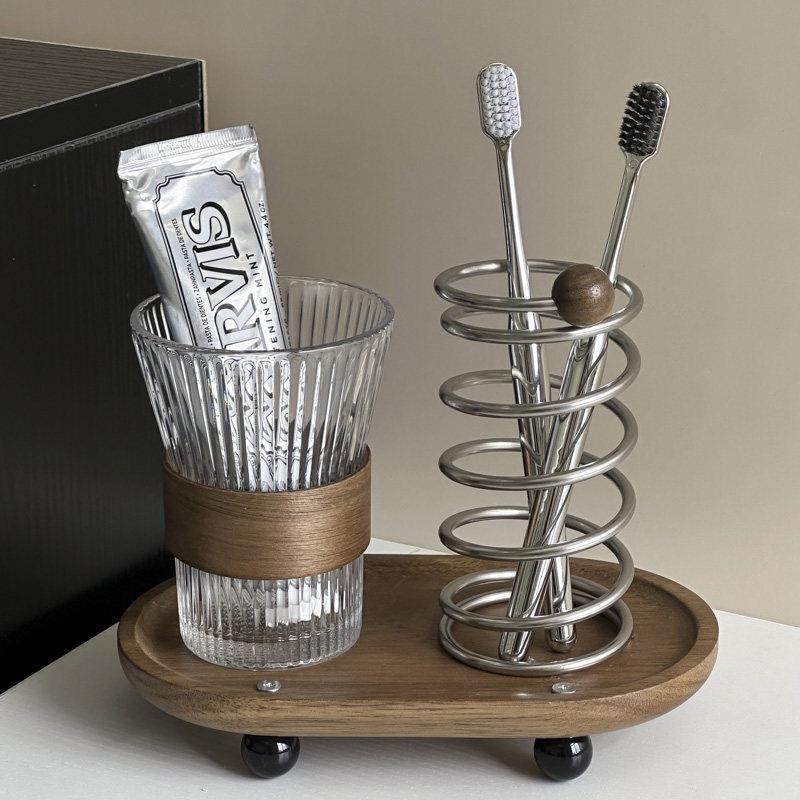 创意不锈钢牙刷牙具座中古牙膏置物架家用化妆室情侣漱口杯收纳层