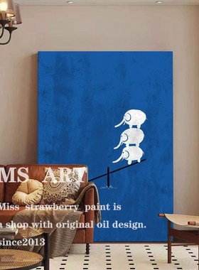 Ms纯手绘油画蓝色乐趣小众抽象童趣客厅入口酒店装饰画B&B卧室
