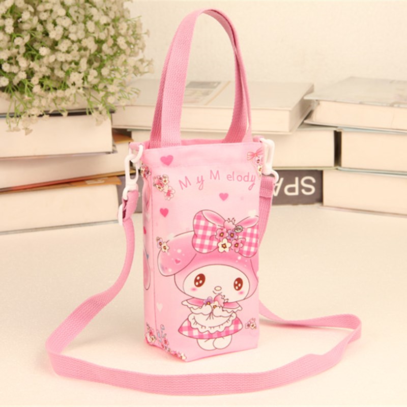 新款可爱卡通帆布水杯袋斜跨手提单肩水壶袋外出斜背小布袋手拎袋