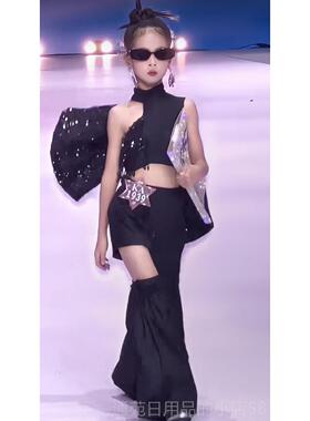 正品女童黑色T儿台模特走秀演童港风PK车车模CP机出服潮服礼服