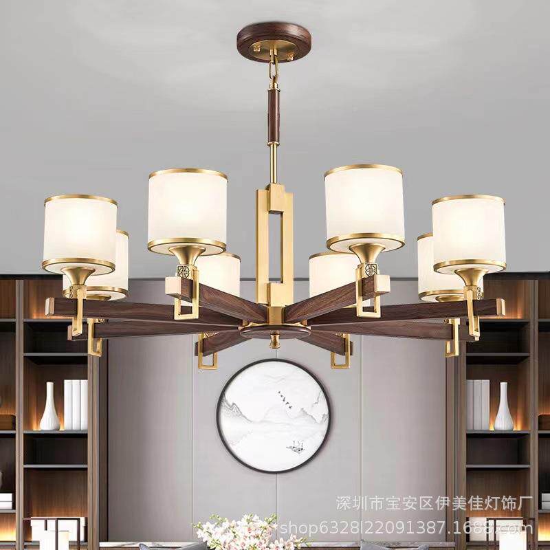 款J8647黑新中式灯全铜轻奢新餐厅吊灯具中国风胡桃实木简约卧室