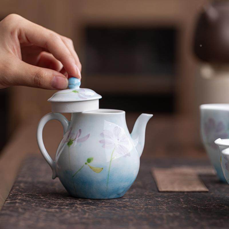 手绘桑花陶瓷茶壶单清新茶小MST-326壶具泡格茶壶女士高颜值梨形