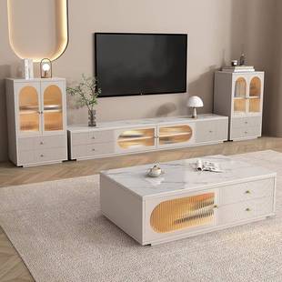 约岩板电视柜茶组现代简客厅实木落几地合奶油风地柜花几轻XPR奢