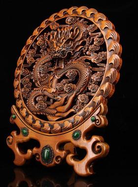 收嵌藏古玩复古YX-0917*单工艺品杨木黄雕刻杂件镶宝石龙屏风摆饰