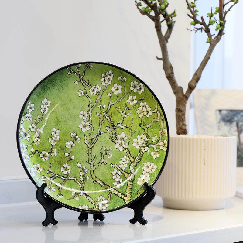 画025新款陶瓷摆盘杏花2餐厅装饰法式NQL复古油画酒柜饰装摆件赏