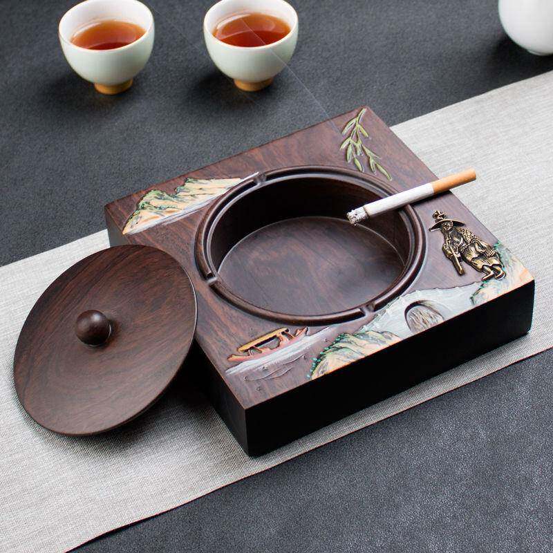 烟灰缸木带家用黑105檀实盖飞灰创意个性大号中式复古防客厅木质