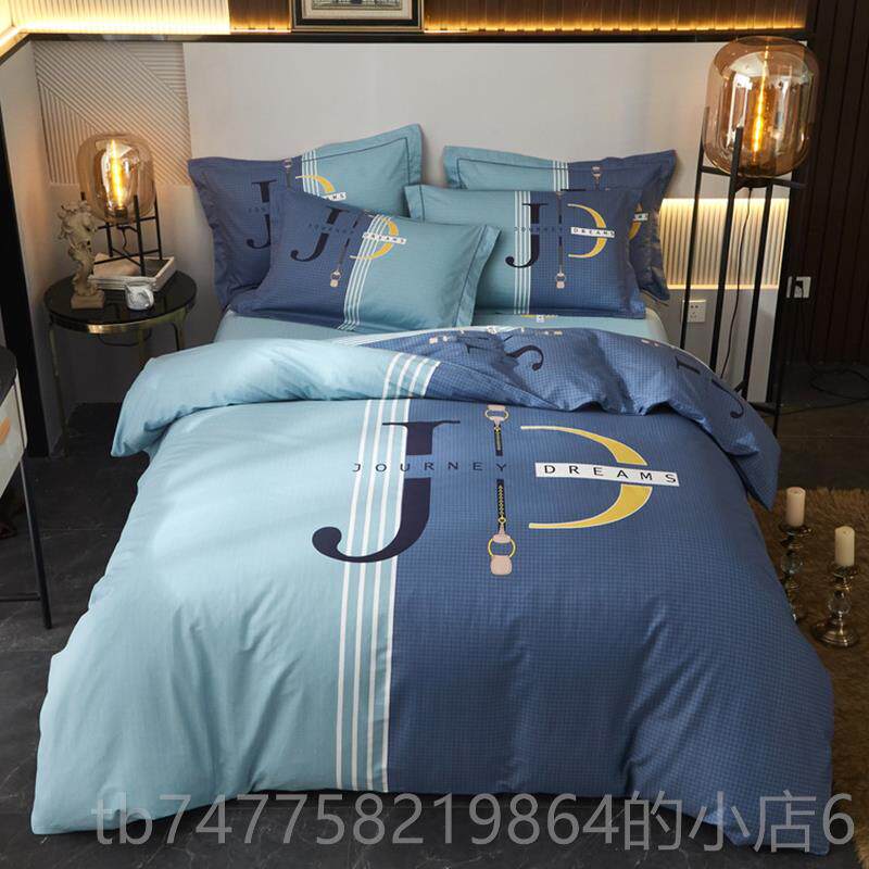 正品棉三件式男北欧1.5米全笠棉四件套条纹床单纯1.床被套简8约青