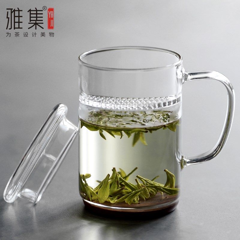 雅集玻璃杯办公带茶隔过滤水杯绿茶杯耐热男士家用泡茶杯子450ml