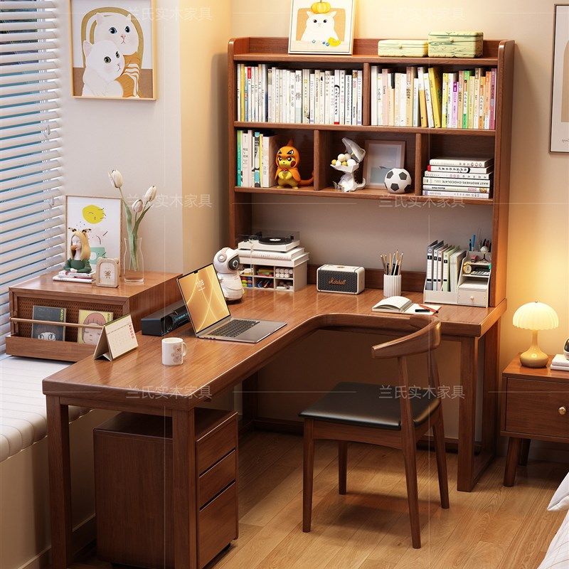实木书桌书架一体转角学习桌子书房家用简约办公桌卧室拐角电脑桌,住宅家具,转角桌,淘宝优惠券,粉丝福利购,淘宝优惠卷