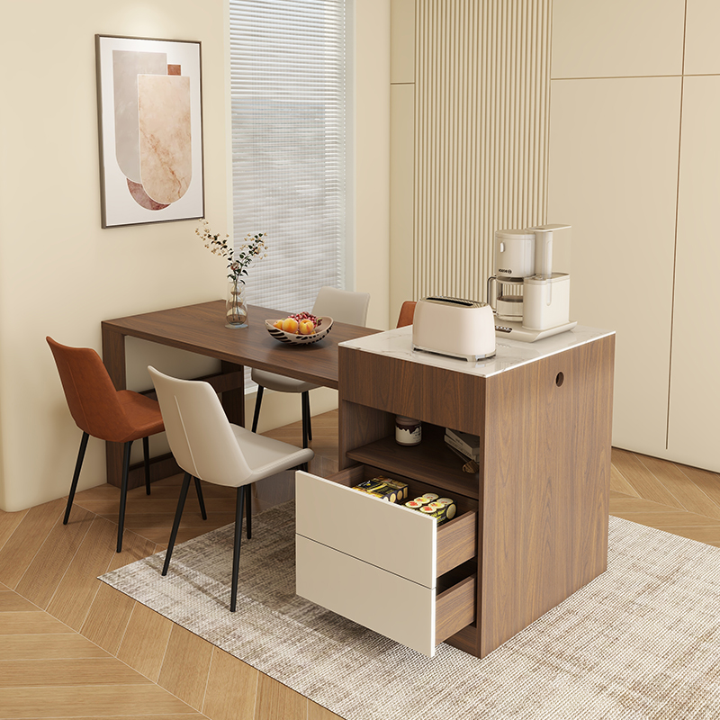 实木岩板中岛台餐桌多功能储物可伸缩长方形餐桌家用客厅收纳定制