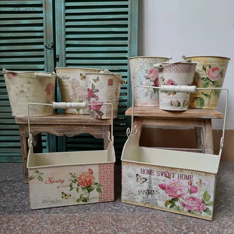 欧式复古做旧贴纸绿植花卉田园提手干花铁皮桶垂吊铁艺花盆花桶