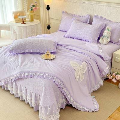 法式公主风水洗棉蕾漫布云丝花边夏被床款三四件套泡棉泡小竺盖棉