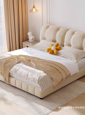 欧式风床新款奶油云布艺.米双人朵床MVO现代简约主卧床实木大婚床