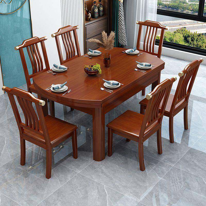 中式全实木餐桌椅合缩型折伸叠可变圆桌小户吃饭组桌子DWT圆形餐