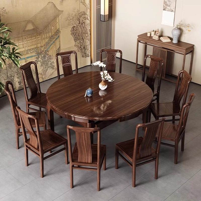 新中式乌金全实木餐桌椅组合伸缩折叠家用小户型可变圆桌吃饭桌子