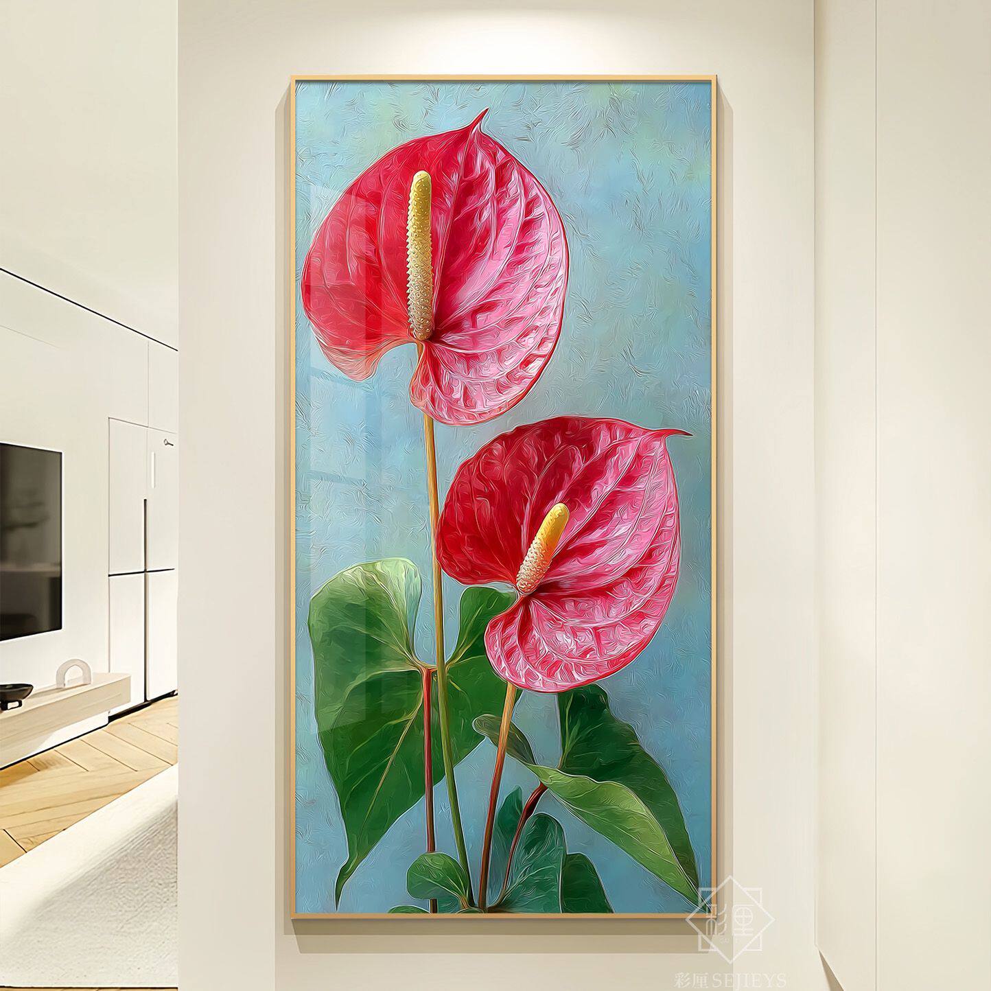 鸿运当头现代简约玄关装饰画红掌花卉客厅卧室背景墙挂画艺术壁画