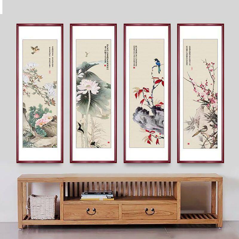 春夏秋冬客厅挂画新中式沙发背景墙中国风壁画茶室酒店四条屏四联
