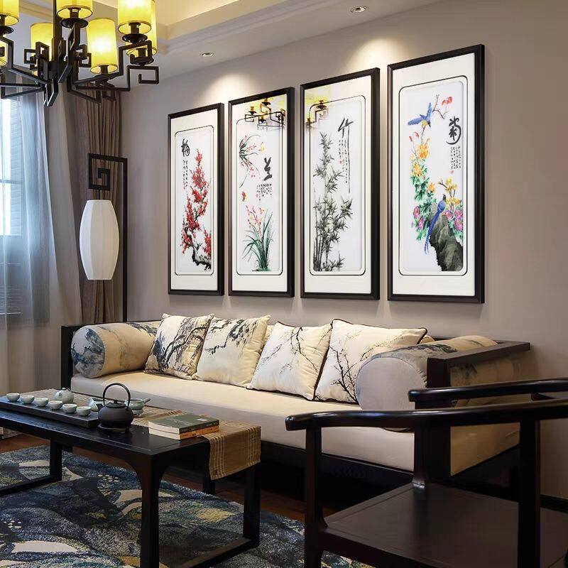 梅兰竹菊苏绣四联成品挂画客厅沙发背景墙装饰画茶室刺绣画