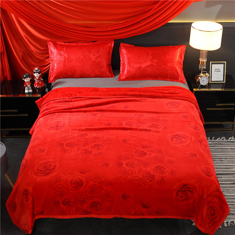 大红色结婚喜庆金貂绒加厚法莱绒床单夏季盖毯毛毯子珊瑚绒礼品毯