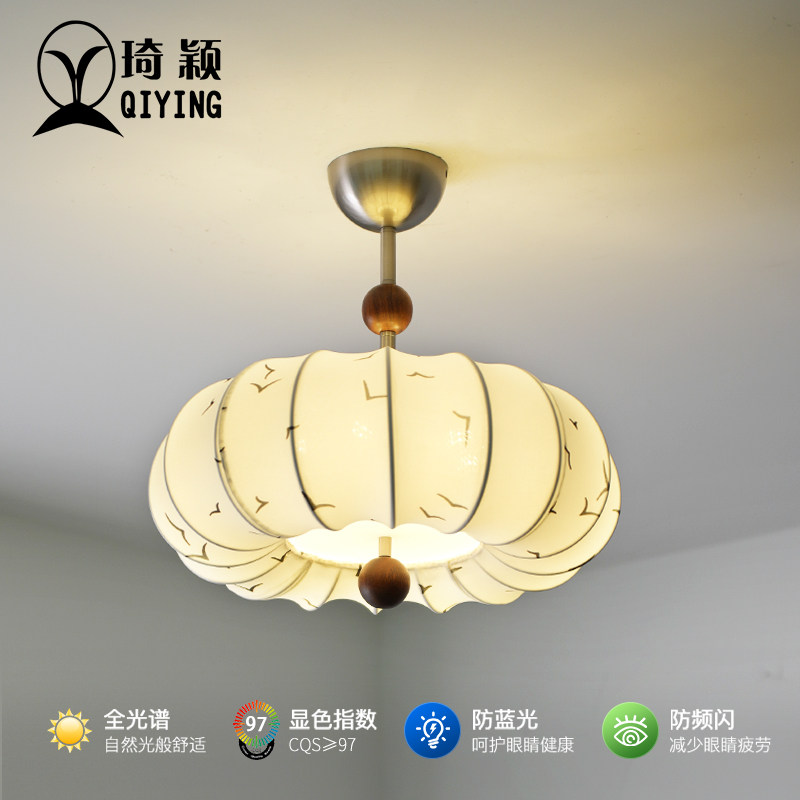 复古南洋风书房衣帽间卧室吊灯法式中古设计师印花布艺圆形南瓜灯