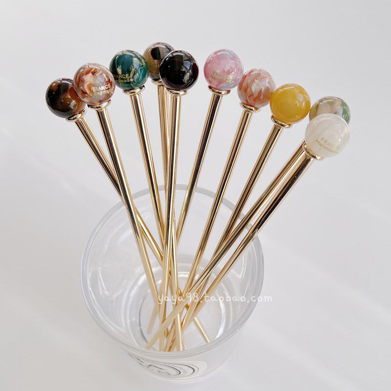 韩国FRANCE金标发簪 简约一字发钗金属簪子小圆球球丸子头盘发器