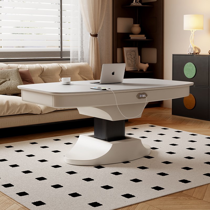 奶油风全自动升降茶几餐桌两用智能茶几客厅家用实木小户型茶几桌