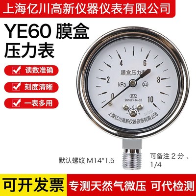 YE60 0-100KPA膜合压力表/低压表/膜盒压力表/燃气表/千帕微压表