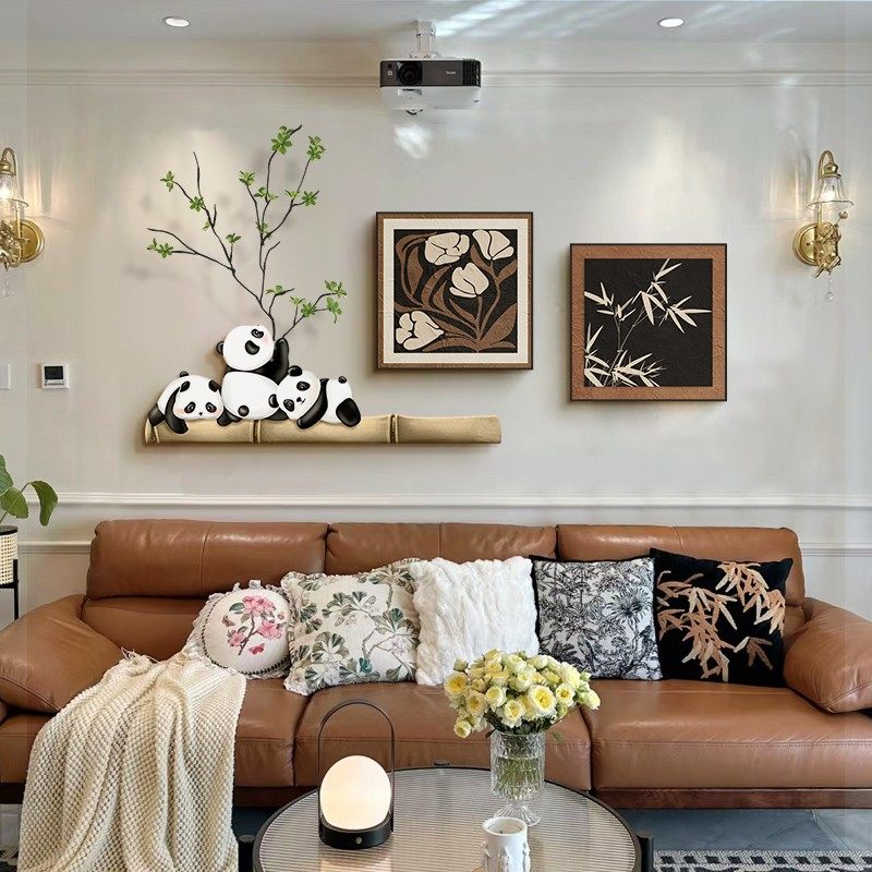 熊猫餐厅装饰画2025新款竹报平安餐桌背景墙壁中古风玄关客厅挂画,家居饰品,现代装饰画,淘宝优惠券,粉丝福利购,淘宝优惠卷