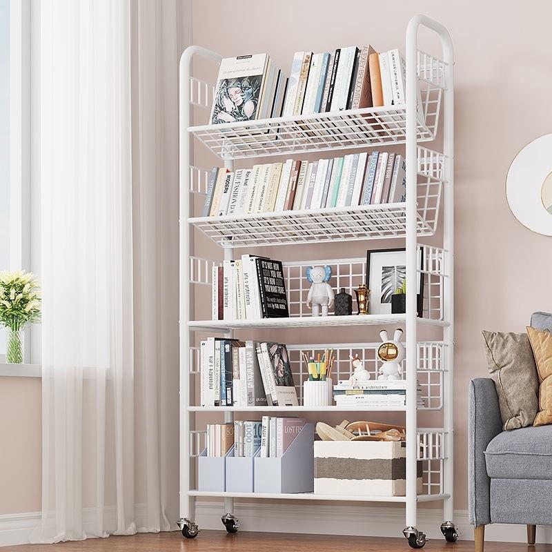 铁艺书架带门不锈钢书架儿童靠墙图角家用落地可移动立体置物客厅