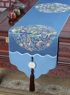 新式刺中长绣ESH桌旗茶几轻奢高端电桌布桌垫茶旗视柜条布餐桌旗