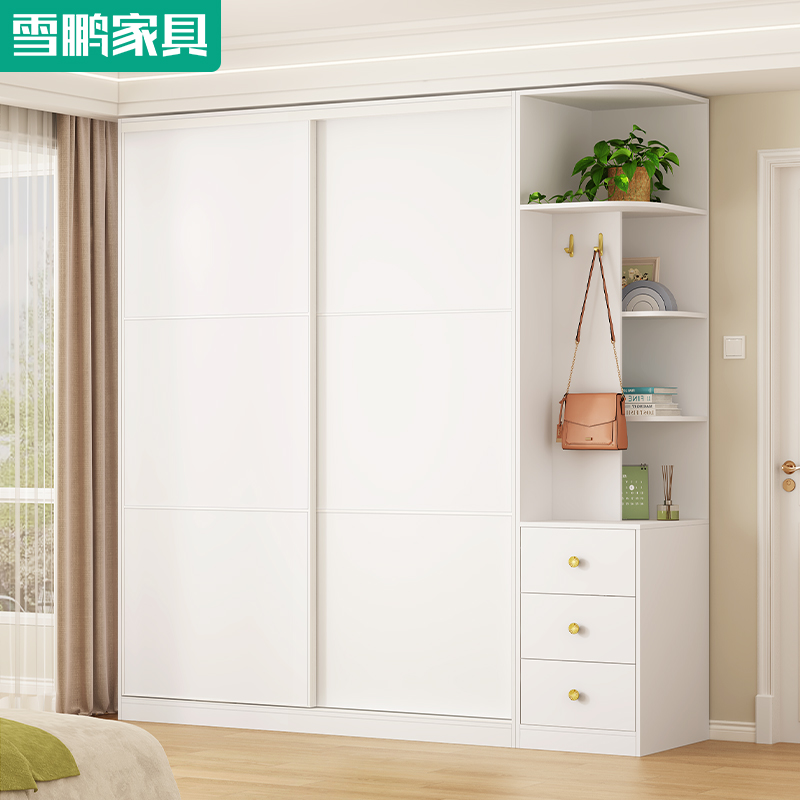 法式奶油风卧室推拉门白色家用大衣柜现代简约角柜到顶靠墙6B10