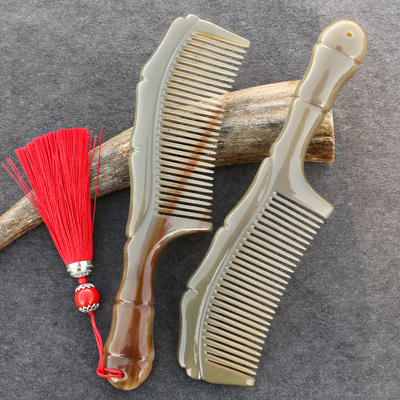 天然白牛角按摩保健梳子密齿护养长发手工雕花防静电梳长约21厘米