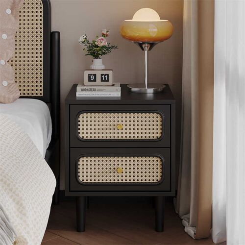 新款复古藤编床头柜黑色卧室简约现代中古风百搭床边收纳柜40公分