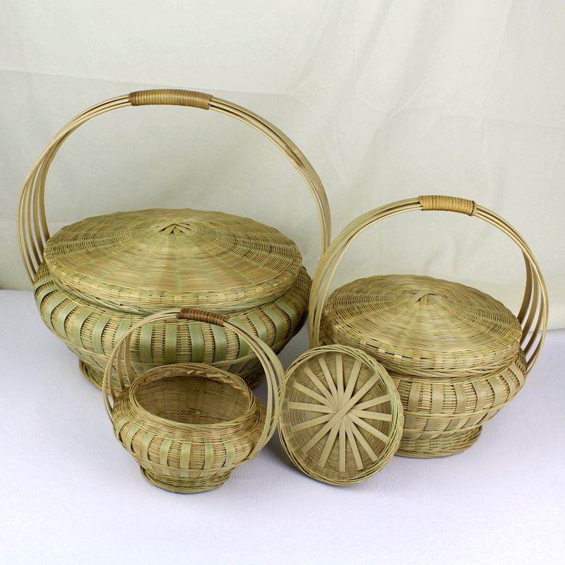 提篮竹编圆形篮带盖复古结婚喜庆竹篮子手提蔬菜篮编织水果采摘篮