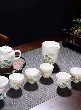 羊脂瓷玉功夫22156茶套装用家陶手绘珐琅彩盖碗茶壶茶杯泡茶具高