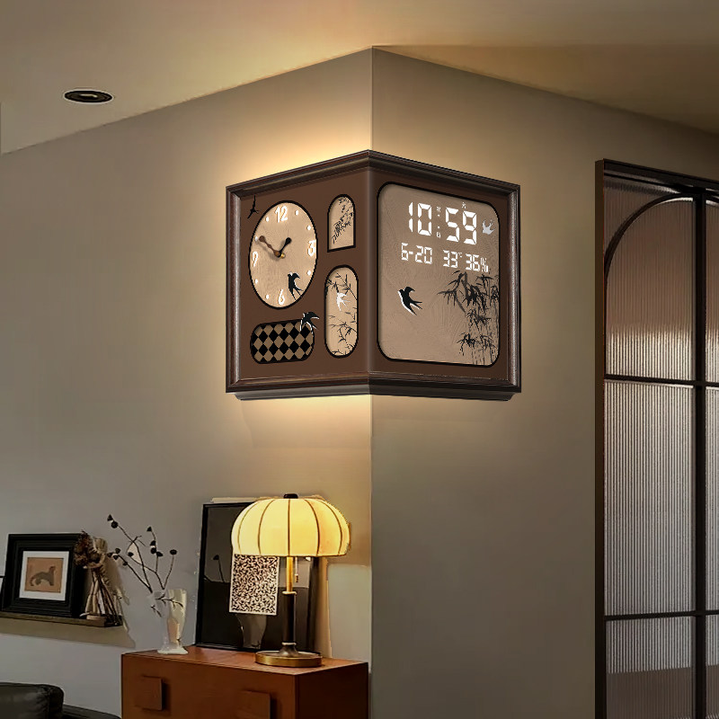 中古风客厅钟表挂钟复古创意转角双面钟带日历电子时钟拐角挂墙钟