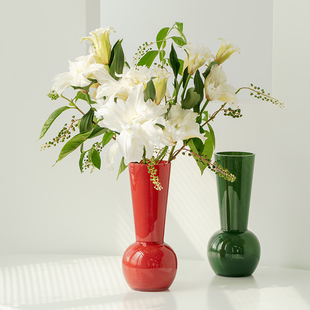 视远复古包豪斯高级感复古红花瓶客厅摆件插花水培几何广口装饰