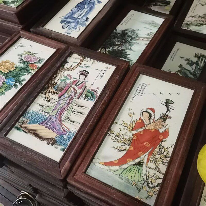 紧急处理一批民国时期红木边框瓷板画挂屏古风古代装饰品背景挂画