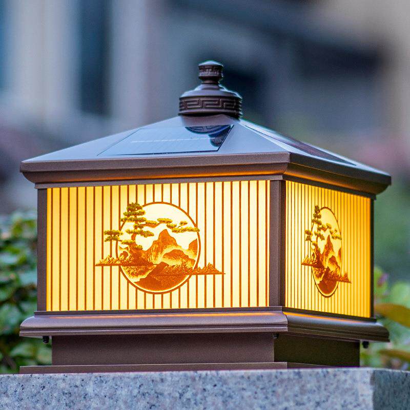 铝材仿铜迎客松户外庭院大门太阳能围墙柱头灯新中式防水家用别墅