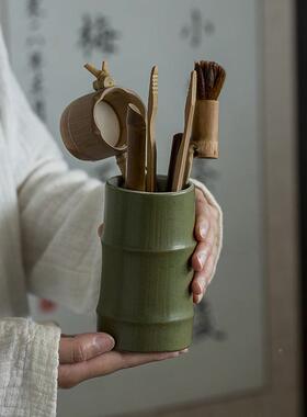 茶道夹六15536君子套装陶竹节茶筒功夫茶具件竹茶配茶刀茶漏瓷茶