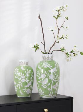 艺新中式手绘下彩陶花瓶复古绿色青花瓷茶几釉术花V157GNV瓶插花