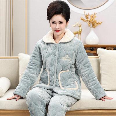 全棉纯棉冬季加绒加厚睡衣女中年妈妈三层夹棉中老年珊瑚绒保暖家